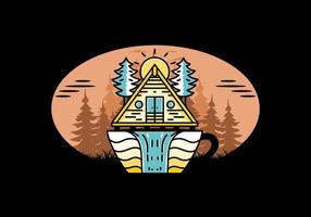 cabane en bois et pins en forme de tasse de café avec illustration de cascade vecteur