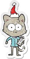 autocollant en détresse dessin animé d'un chat d'employé de bureau surpris portant un bonnet de noel vecteur