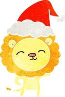 dessin animé rétro d'un lion portant un bonnet de noel vecteur