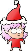 dessin animé dégradé d'une fille elfe regardant fixement portant un bonnet de noel vecteur