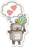 robot de dessin animé amoureux et bulle de pensée comme autocollant imprimé vecteur