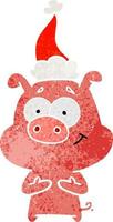 heureux, retro, dessin animé, de, a, cochon, porter, bonnet noel vecteur