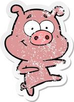 autocollant en détresse d'un cochon de dessin animé pointant vecteur