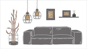 concept de design d'intérieur. meuble plat. design d'intérieur avec canapé gris, lampe suspendue légère, plantes d'intérieur, cadres au mur. vecteur