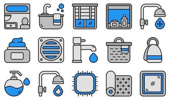 ensemble d'icônes vectorielles liées à la salle de bain. contient des icônes telles que salle de bain, baignoire, stores, armoire, basket-ball, eau froide et plus encore. vecteur