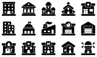 ensemble d'icônes vectorielles liées aux bâtiments. contient des icônes telles que l'appartement, la banque, le château, l'église, la clinique, la copropriété et plus encore. vecteur