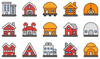 ensemble d'icônes vectorielles liées au type de maisons. contient des icônes telles que l'appartement, la grange, le bungalow, la cabane, le chalet, le château et plus encore. vecteur