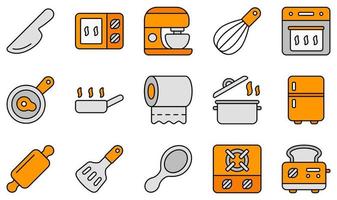 ensemble d'icônes vectorielles liées à la cuisine. contient des icônes telles que couteau, micro-ondes, mixeur, four, casserole, serviettes en papier et plus encore. vecteur