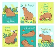 ensemble de cartes postales avec de jolis capybaras. graphiques vectoriels. vecteur