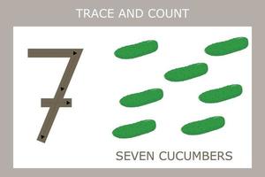 un jeu de traçage des contours du nombre six avec des concombres. feuille de travail préscolaire, feuille d'activité pour enfants, feuille de travail imprimable vecteur