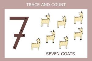 feuille de travail de course numéro sept avec des chèvres pour les enfants de motricité fine. jeu éducatif pour les enfants d'âge préscolaire. vecteur