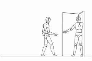 un seul robot dessinant une ligne invite son ami à entrer dans son bureau. technologie future. intelligence artificielle et processus d'apprentissage automatique. illustration vectorielle graphique de conception de ligne continue vecteur