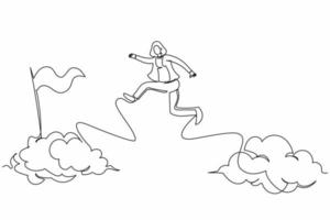 une ligne continue dessinant une femme d'affaires courageuse sauter et sauter par-dessus les nuages pour atteindre le drapeau cible de succès. défi de sa carrière. métaphore commerciale. illustration graphique vectorielle de conception de dessin à une seule ligne vecteur