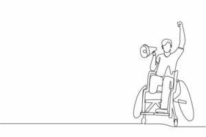 une seule ligne dessinant un jeune homme handicapé heureux en fauteuil roulant célébrant la victoire de l'équipe de football avec mégaphone. fan de football en fauteuil roulant. vecteur graphique de conception de dessin en ligne continue