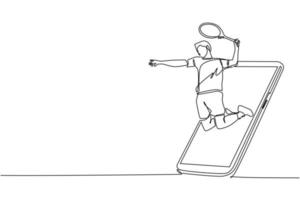 simple ligne continue dessin homme joueur de tennis sauter frapper la balle en sortant de l'écran du smartphone. les sports mobiles jouent des matchs. jeu de tennis en ligne avec application mobile en direct. vecteur de conception de dessin d'une ligne