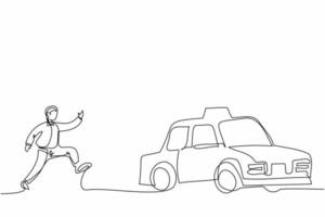 un seul homme d'affaires de dessin au trait court à la poursuite d'essayer d'attraper un taxi. dépêchez-vous de courir pour obtenir une voiture, véhicule de tourisme public jaune. métaphore commerciale. ligne continue dessiner illustration vectorielle de conception vecteur