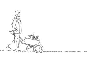 une seule ligne dessinant une femme d'affaires arabe en hijab poussant un chariot plein de diamants. brouette avec ors, bijoux, pierres précieuses. concept d'entreprise et de finance. vecteur de conception de dessin en ligne continue