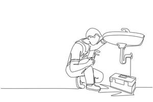 dessin au trait continu ouvrier plombier répare l'évier dans la salle de bain et les tuyaux de plomberie. bricoleur fait des travaux de réparation de maison. concept de services de réparation et d'entretien à domicile. vecteur de conception de dessin à une seule ligne