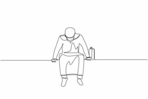 dessin en ligne continue unique un homme d'affaires arabe triste est assis seul sur le banc. homme souffrant de dépression, fait l'expérience d'un licenciement, se retrouve dans une situation de vie difficile. une ligne dessiner vecteur de conception graphique