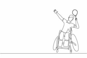 joueur de badminton dessinant une seule ligne continue assis sur un fauteuil roulant avec une pose de smash. les sportifs handicapés portent l'uniforme, la compétition sportive des jeunes amputés. vecteur de conception graphique d'une ligne