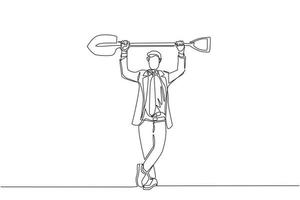 une ligne continue dessinant un homme d'affaires debout et soulevant une grosse pelle. notion d'entreprise. dépeint le travail acharné, le succès, la réussite et la découverte. illustration graphique vectorielle de conception de dessin à une seule ligne vecteur