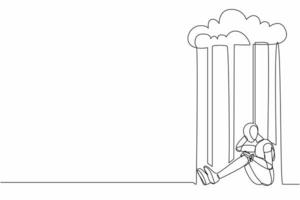 robot de dessin continu d'une ligne se sentant triste et déprimé assis sous la pluie et les nuages. organisme cybernétique robot humanoïde. futur développement robotique. illustration vectorielle de dessin à une seule ligne vecteur