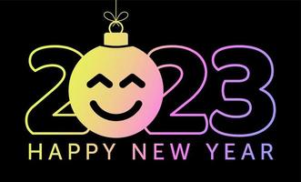 carte de vœux pour le nouvel an 2023 avec un visage emoji souriant qui pend sur un fil comme un jouet, une balle ou une boule de noël. illustration vectorielle de nouvel an émotion concept vecteur