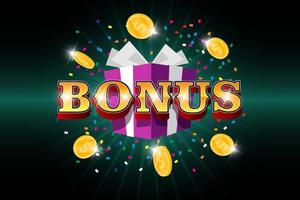 mot bonus avec des pièces d'un dollar d'or volantes et une boîte-cadeau sur fond de confettis. gagner la bannière promotionnelle de la célébration du prix. programme de fidélité ou concept gagnant de casino. gagner et gagner de l'argent illustration vectorielle vecteur