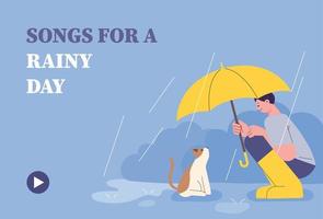 un homme met un parapluie sur un chat sur la route un jour de pluie. concept mignon et émotionnel. vecteur