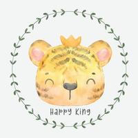 mignon sourire heureux tigre roi tête en feuilles vertes couronne aquarelle pépinière animal dessin à la main vecteur