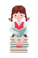 mignon personnage d'écolière assis sur une grosse pile de livres et livre de lecture isolé sur fond blanc. élève heureux en uniforme scolaire. notion d'éducation. illustration vectorielle. vecteur