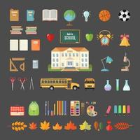ensemble d'icônes de l'école dans un style plat. sélection de diverses fournitures scolaires individuelles sur fond gris. illustration vectorielle vecteur