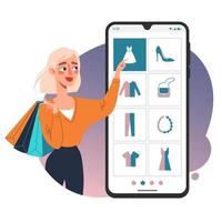 une jeune femme effectue des achats en ligne à l'aide d'une application mobile sur un smartphone vecteur