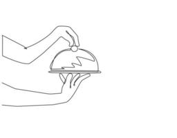 main de dessin en ligne continue unique tenant le couvercle alimentaire en acier inoxydable. cloche de restaurant en métal, gant en acier inoxydable, dôme ou cloche de service. dynamique une ligne dessiner illustration vectorielle de conception graphique vecteur