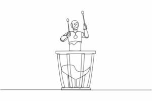 joueur de percussion robot dessinant une seule ligne continue tenant un bâton et jouant des timbales. intelligence artificielle robotique. industrie de la technologie électronique. une ligne dessiner illustration vectorielle de conception graphique vecteur