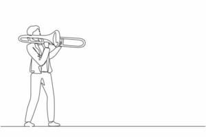 un seul joueur de trombone à dessin d'une ligne. interprète masculin joue d'un instrument à vent. garçon artiste de musique. homme de jazz. musicien joue de la trompette. divertissement. événement de musique classique. vecteur de conception de dessin en ligne continue