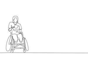 une seule ligne continue dessinant une sportive handicapée en fauteuil roulant jouant au tennis de table. championnat des jeux pour handicapés. passe-temps et intérêts des personnes handicapées. vecteur de conception graphique d'une ligne