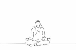 dessin en ligne continue unique homme d'affaires arabe faisant du yoga. employé de bureau assis dans une pose de yoga, méditation, détente, calme et gestion du stress. une ligne dessiner illustration vectorielle de conception graphique vecteur