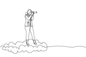 une ligne continue dessinant une femme d'affaires à cheval sur un nuage élevé tenant un télescope ou des jumelles pour rechercher un visionnaire d'entreprise. vision du leadership pour voir la stratégie de l'entreprise. vecteur de conception de dessin à une seule ligne