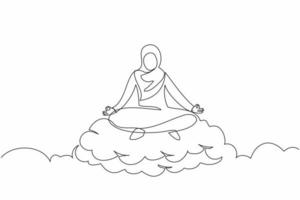 une seule ligne continue dessinant une femme d'affaires arabe détendue médite en position du lotus sur un nuage. femme arabe reposante se relaxant avec une pose de yoga. dynamique une ligne dessiner illustration vectorielle de conception graphique vecteur