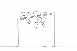 une ligne continue dessinant un homme handicapé faisant de l'exercice et devenant champion du saut en hauteur avec des bras amputés. sport pour handicapés, personne invalide jouant à un jeu athlétique. graphique vectoriel de conception à une seule ligne