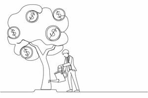 investissement commercial de dessin d'une seule ligne avec illustration d'arbre d'argent. homme arrosant l'arbre avec des symboles de pièces de monnaie en dollars. développement des affaires, croissance des bénéfices. vecteur graphique de conception de dessin en ligne continue