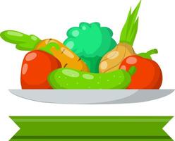 illustration plate de dessin animé. produits frais et naturels du village. tomate et poivron, oignon avec concombre, brocoli, carotte vecteur