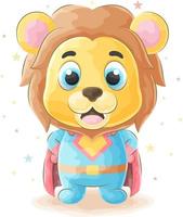 mignon doodle lion portant un costume de super héros avec illustration aquarelle vecteur