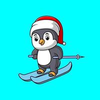 dessin animé mignon pingouin skie vecteur