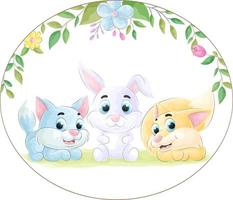 amis animaux mignons et cadre de flore illustration aquarelle animal de dessin animé vecteur