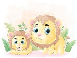 lion mignon doodle avec illustration aquarelle vecteur