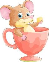 jolie souris doodle se détendant dans un verre avec illustration aquarelle vecteur