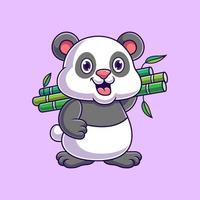 panda de dessin animé de vecteur portant du bambou