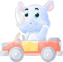 rhinocéros doodle mignon conduisant une voiture avec illustration aquarelle vecteur